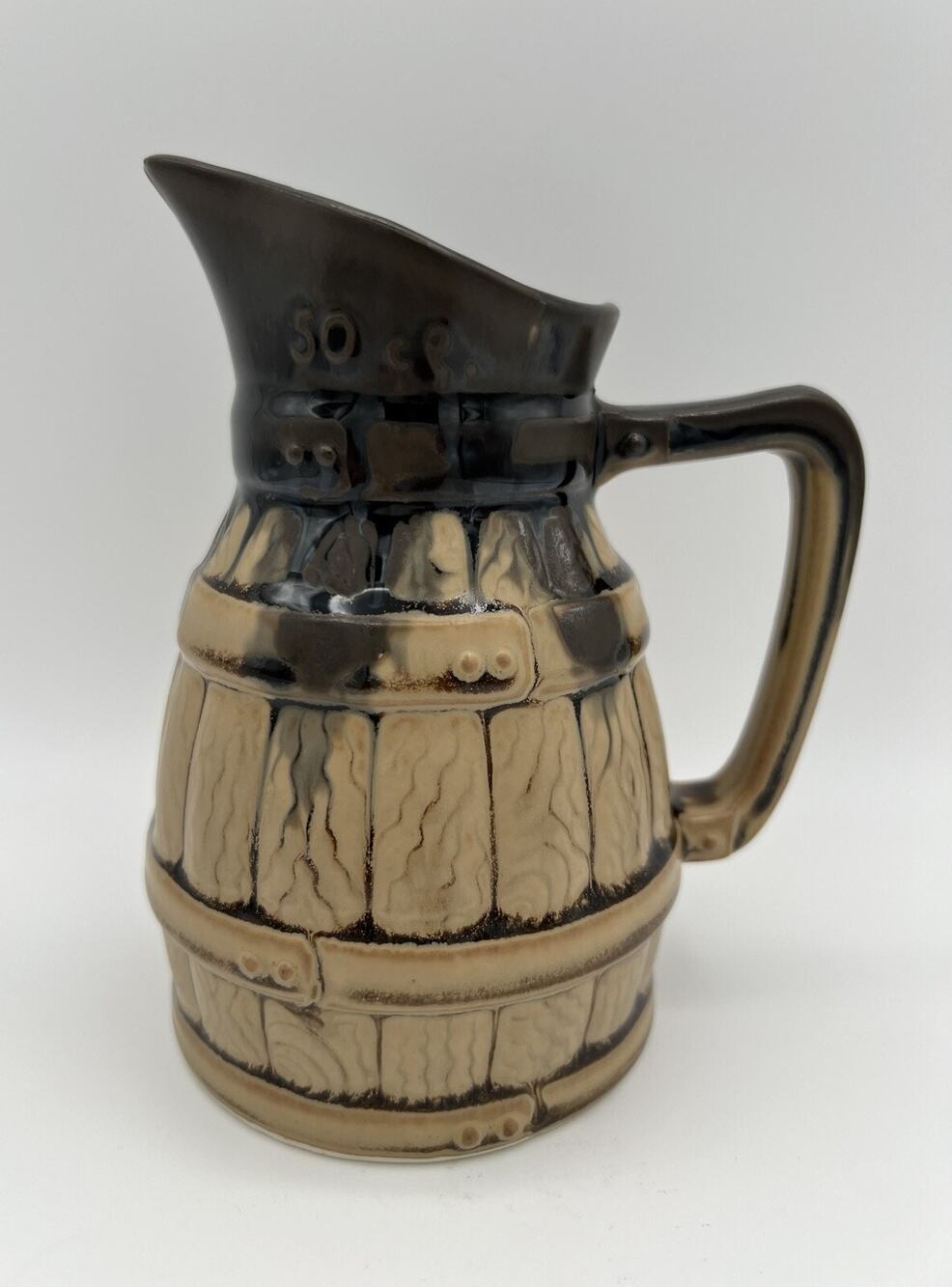 Vintage French Pottery Barrel Creamer Pitcher 6” Black Drip Glaze P65/50 France